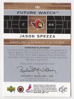 02-03 SP Authentic Jason Spezza /999 Auto Rookie Future Watch Maple Leafs 2002