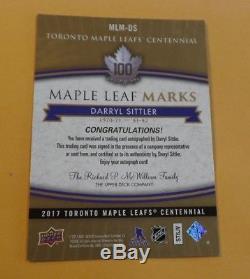 2017 Toronto Maple Leafs Centennial Auto Marks MLM-DS Darryl Sittler