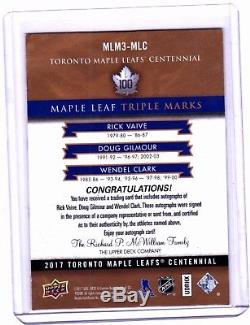 2017 Toronto Maple Leafs Centennial CLARK, GILMOUR, VAIVE Triple Marks Auto /15