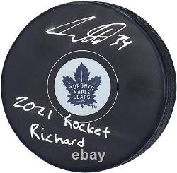 Auston Matthews Toronto Maple Leafs Signed Hockey Puck with2021 Rocket Richard Ins