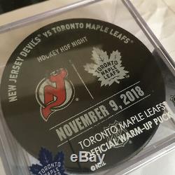 Brodeur HOF Game Warmup Used Puck Toronto Maple Leafs NJ Devils Hall Of Fame