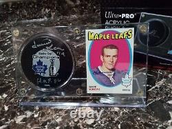 Dave Keon signed puck with signed vintage card display combo HOF 86 Maple Leafs