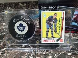 Dave Keon signed puck with signed vintage card display combo HOF 86 Maple Leafs