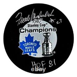 FRANK MAHOVLICH AUTOGRAPHED TORONTO MAPLE LEAFS 1967 STANLEY CUP PUCK WithHOF 81