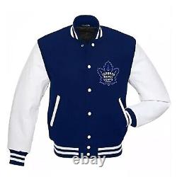 Toronto Maple Leafs Varsity Jacket Blue & White Letterman with Leather Sleeves