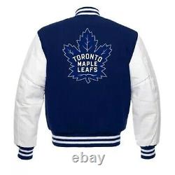 Toronto Maple Leafs Varsity Jacket Blue & White Letterman with Leather Sleeves