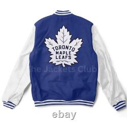 Toronto Maple Leafs Varsity Jacket Blue Wool with White Real Leather Sleeves